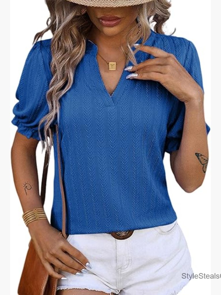 Summer Puff Sleeve V-Neck Blouse Knit Textured Casual Top Regular Fit